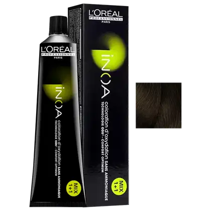 Frasco de item de perfumaria da marca L'Oréal Professionnel, com embalagem preta e verde, contendo produto para coloração de cabelos, com rótulo em destaque.
