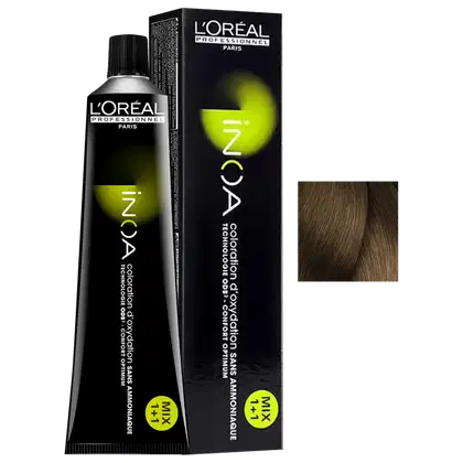 Frasco de item de perfumaria da marca L'Oréal Professionnel, com embalagem preta e verde, contendo texto "INOA" em destaque. O produto é apresentado em caixa preta com logotipo da marca.