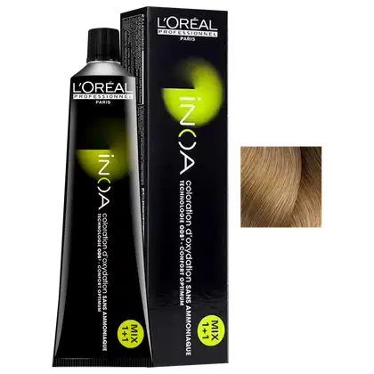 Frasco de item de perfumaria da marca L'Oréal Professionnel, em embalagem preta com detalhes em verde, contendo produto para coloração de cabelos, com rótulo destacando a linha "INOA" e informações técnicas.