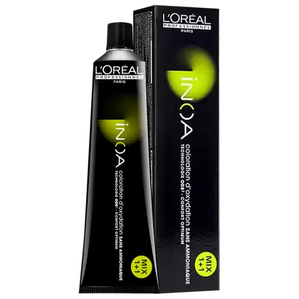 Frasco de item de perfumaria da marca L'Oréal Professionnel Paris, com embalagem preta e verde, contendo texto "INOA" em destaque.