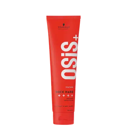 Tubo plástico vermelho com o nome "Osis+" em letras brancas grandes. Abaixo está escrito "ROCK HARD" e "INSTANT HOLD GLUE" em letras menores, indicando que é um gel fixador de cabelo de alta fixação. O tubo tem 150ml.