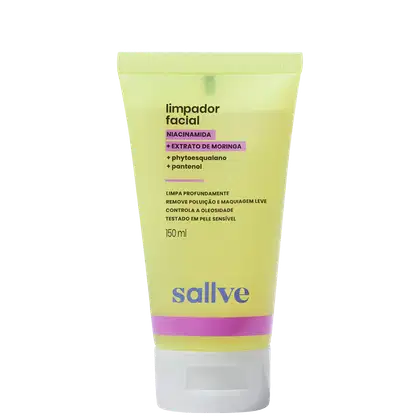 Limpador facial Sallve, com rótulo em tons de amarelo e roxo. O produto contém ingredientes como niacinamida, extrato de moringa e pantenol, e promete limpar profundamente, remover maquiagem e controlar a oleosidade, sendo testado em pele sensível.