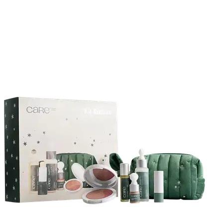 A imagem mostra um conjunto de produtos de maquiagem e cuidados com a pele. São 6 produtos com design minimalista e tons verdes e a embalagem principal é uma caixa branca com detalhes em verde e estrelas prateadas.