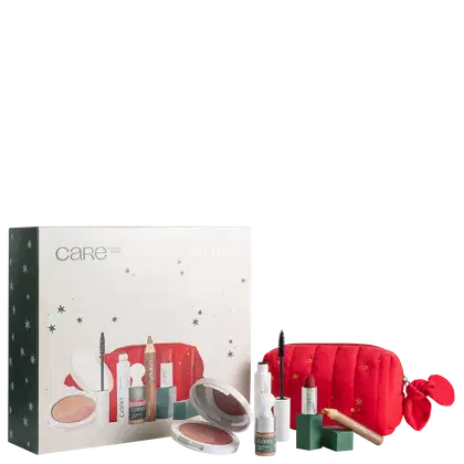 A imagem mostra um conjunto de produtos de maquiagem e cuidados com a pele. São 5 produtos com design minimalista, tons verdes, nécessaire vermelha e a embalagem principal é uma caixa branca com detalhes em verde e estrelas prateadas.