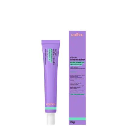 Tubo de sérum uniformizador da marca Salve, com embalagem roxa e verde. Rótulo indica ingredientes como retinol, niacinamida e alfa-arbutina. Produto promete uniformizar a textura da pele e alto poder de hidratação.
