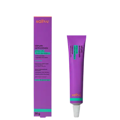 Caixa e tubo de item de skincare da marca Sallve. A caixa é de cor roxa com texto laranja "Sallve" e detalhes em verde. O tubo é roxo com texto laranja "Sallve" e informações sobre o produto, incluindo "Sérum antissínais" e ingredientes.