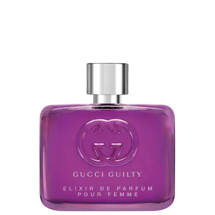 Frasco de perfume Gucci Guilty Elixir de Parfum pour femme, com design elegante e embalagem roxa brilhante, exibindo o logotipo da marca em destaque.