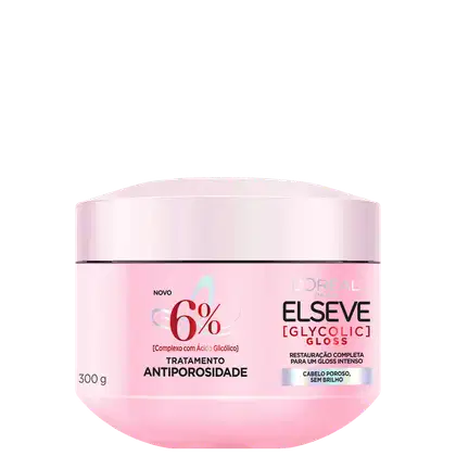 Tratamento antiporosidade Elseve Glycolic Gloss em embalagem rosa de 300g, com destaque para o complexo com ácido glicólico e promessa de restauração completa para um brilho intenso.