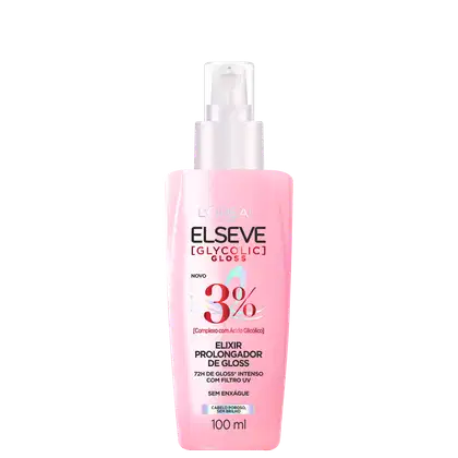 Frasco rosa com pulverizador branco da linha Elseve Glycolic Gloss da L'Oreal. Rótulo indica "Elixir Prolongador de Gloss" com 3% de complexo com ácido glicólico e filtro UV.