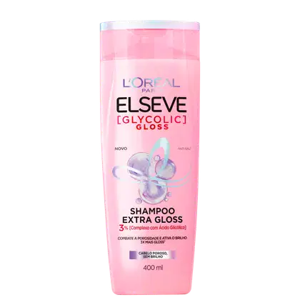Frasco rosa de shampoo Elseve Glycolic Gloss, com rótulo destacando o complexo com ácido glicólico e promessa de combate à porosidade e brilho extra. Embalagem de 400 ml.