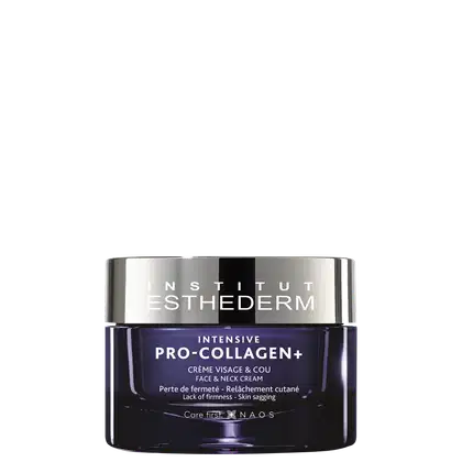 Frasco de creme facial e de pescoço da marca Esthederm, com embalagem preta e branca, contendo o texto "Intensive Pro-Collagen+" e informações sobre os benefícios do produto.