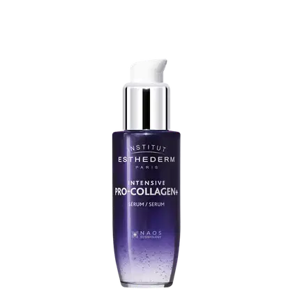 Frasco de sérum facial da marca Esthederm, em tons de roxo e branco. O rótulo destaca o nome "Intensive Pro-Collagen+"