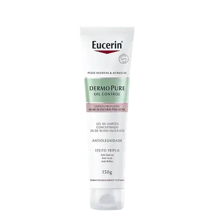 Tubo branco da marca Eucerin contendo o produto Dermo Pure Oil Control, com informações sobre seu uso para limpeza profunda e controle de oleosidade pós-acne.