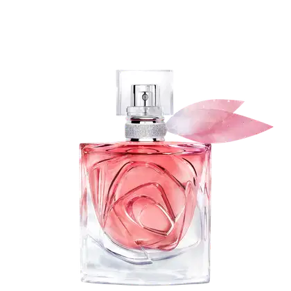 Frasco de perfume Lancôme com design floral em vidro transparente, tampa prateada e detalhe em rosa. Embalagem elegante e sofisticada em tons de rosa e branco.