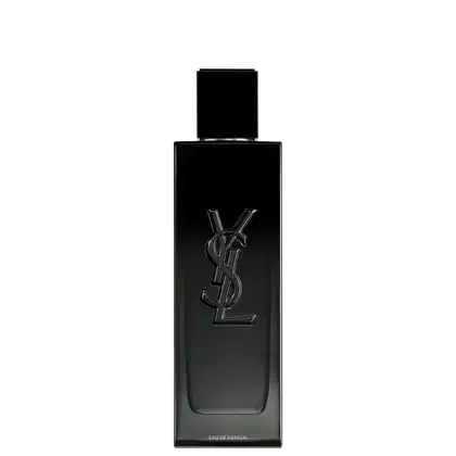 Frasco de perfume Yves Saint Laurent com design minimalista em preto brilhante. O logotipo da marca YSL é destacado em relevo na embalagem, conferindo um aspecto elegante e sofisticado ao produto.