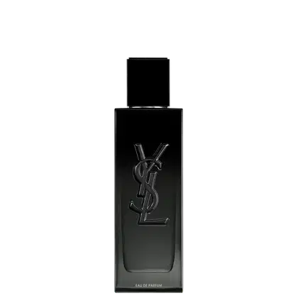 Frasco de perfume Yves Saint Laurent em preto fosco, com logotipo YSL em relevo. Embalagem elegante e minimalista, com informações do produto impressas em texto branco.