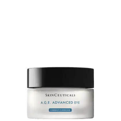 Frasco de creme para área dos olhos da marca SkinCeuticals, com rótulo branco e azul indicando "A.G.E. Advanced Eye Correct/Corriger". Embalagem preta com tampa preta, apresentando design minimalista e elegante.
