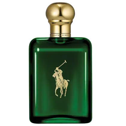 Perfume em frasco retangular de vidro verde escuro com o logotipo do cavalo Ralph Lauren em dourado na frente. A tampa é dourada e arredondada, com duas esferas sobrepostas. O nome "Ralph Lauren" está inscrito em letras douradas na base da tampa.