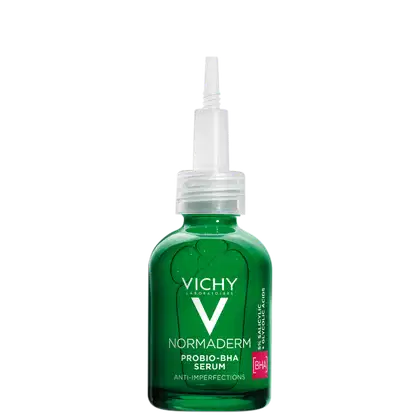 Frasco de sérum Normaderm Probio-BHA da Vichy, com embalagem verde e branca, contendo informações sobre o produto anti-imperfeições.