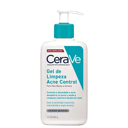 Frasco branco com bomba doseadora azul-turquesa da linha CeraVe, contendo "Gel de Limpeza Acne Control" para pele oleosa e acneica, com 3 ceramidas essenciais, niacinamida e argila branca.