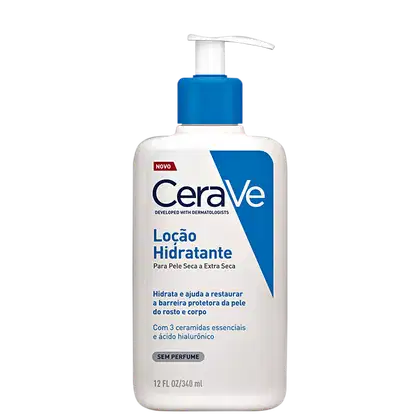 Frasco branco com bomba doseadora azul da linha CeraVe, contendo loção hidratante para pele seca a extra seca, com 3 ceramidas essenciais e ácido hialurônico, sem perfume, com 340 ml.