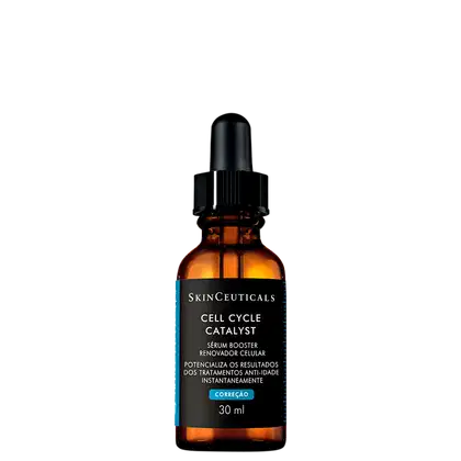 Frasco de vidro âmbar com conta-gotas preto contendo o sérum "Cell Cycle Catalyst" da marca SkinCeuticals, um produto renovador celular que promete resultados instantâneos contra o envelhecimento.