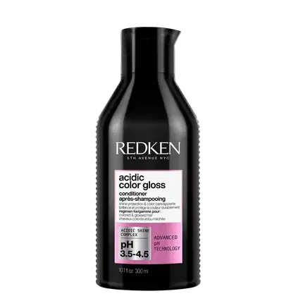 Frasco preto da linha Redken 5th Avenue NYC contendo condicionador Acidic Color Gloss, com rótulo rosa destacando o pH 3.5-4.5 e a tecnologia avançada de pH.
