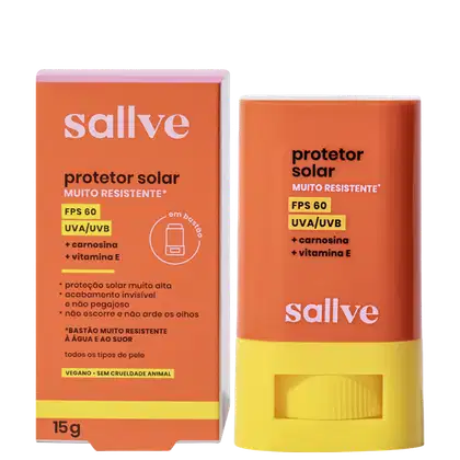 A imagem mostra um protetor solar em bastão com base amarela e restante do corpo em laranja, além de caixa retangular laranja.