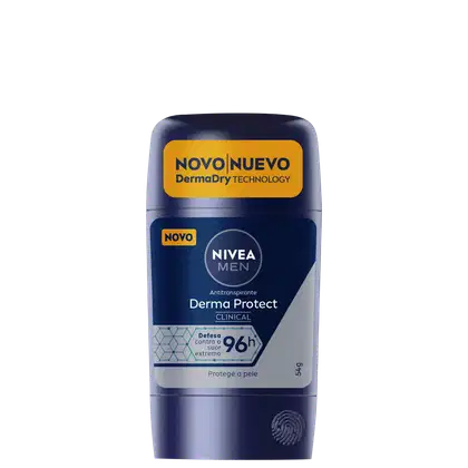 Desodorante antitranspirante Nivea Men Derma Protect Clinical, em embalagem azul escura com detalhes em amarelo, destacando a tecnologia DermaDry e a proteção de 96h contra o suor.