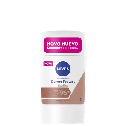 Desodorante antitranspirante Nivea Derma Protect Clinical, em embalagem branca com detalhes em rosa e azul, destacando a tecnologia DermaDry e a proteção de 96h contra o suor.