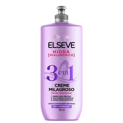 Frasco de creme Elseve Hidra Hialurônico 3 em 1, com embalagem roxa e detalhes em branco e amarelo. Contém 500 ml do produto e destaca-se como um creme milagroso para cabelos.