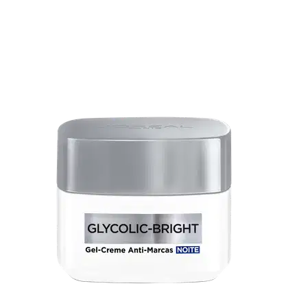 Frasco de creme facial L'Oréal Paris Glycolic-Bright, com embalagem prateada e rótulo indicando "Gel-Creme Anti-Marcas NOITE". O produto é apresentado em um recipiente oval com tampa arredondada, em tons de cinza e branco.