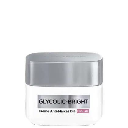 Creme anti-manchas diurno Glycolic-Bright da L'Oréal Paris, com FPS 30, em embalagem oval prateada com rótulo branco destacando o nome do produto.