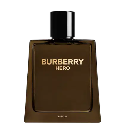 A imagem mostra um frasco de perfume retangular, na cor marrom, com escritos em dourado. Tem uma tampa preta e cromada na parte superior. A imagem tem um fundo preto, destacando o design elegante e sofisticado do produto Burberry.