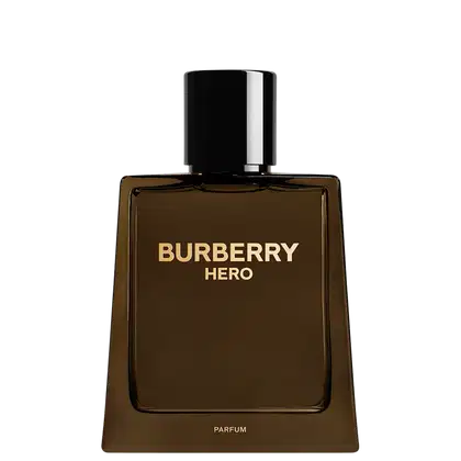 A imagem mostra um frasco de perfume retangular, na cor marrom, com escritos em dourado. Tem uma tampa preta e cromada na parte superior. A imagem tem um fundo preto, destacando o design elegante e sofisticado do produto Burberry.