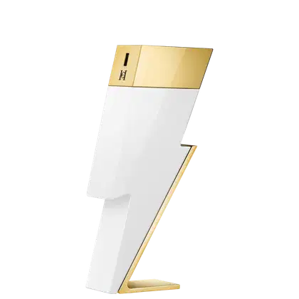 A imagem mostra um frasco de perfume de Carolina Herrera em formato de raio. Branco com detalhes dourados.