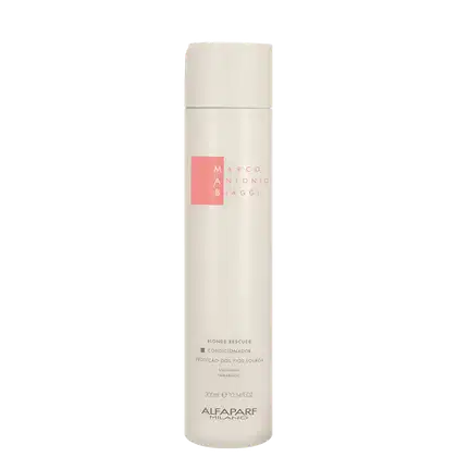 A imagem mostra o condicionador Blonde Rescue de 300ml da marca MAB Marco Antônio de Biaggi by Alfaparf Milano. O produto vem em uma embalagem branca com detalhes em rosa, exibindo o logotipo e nome da marca, além do texto Proteção dos Fios Louros.