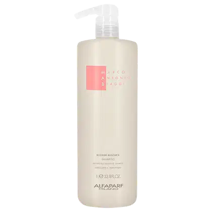 A imagem mostra o Shampoo Blonde Rescue de 1 litro da marca MAB Marco Antônio de Biaggi by Alfaparf Milano. O frasco plástico é cilíndrico, branco e vem com bomba dosadora. O rótulo tem detalhes do produto em letras pretas e o logotipo da marca em rosa.
