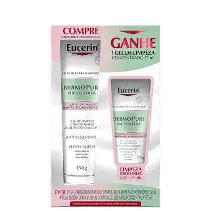 A imagem mostra uma embalagem promocional com dois produtos iguais, com tamanhos diferentes. Ambos apresentam tubo arredondado, com fundo branco, letras pretas e detalhes em verde e rosa claro.