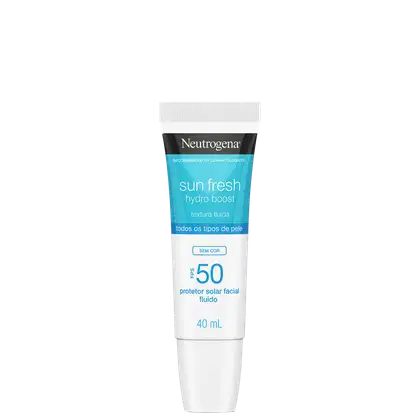 A imagem mostra o Protetor solar facial da linha Sun Fresh Hydro Boost da Neutrogena. Embalagem plástica cilíndrica branca e azul. Rótulo indicando fator de proteção solar 50, textura fluida, sem cor, para todos os tipos de pele.