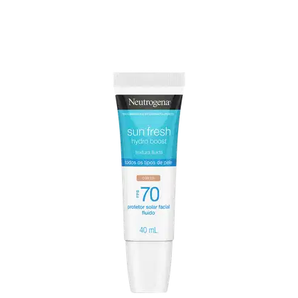 A imagem mostra o Protetor solar facial da linha Sun Fresh Hydro Boost da Neutrogena. Embalagem plástica cilíndrica branca e azul. Rótulo indicando fator de proteção solar 70, textura fluida, cor 2.0, para todos os tipos de pele.