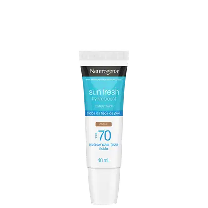 A imagem mostra o Protetor solar facial da linha Sun Fresh Hydro Boost da Neutrogena. Embalagem plástica cilíndrica branca e azul. Rótulo indicando fator de proteção solar 70, textura fluida, cor 3.0, para todos os tipos de pele.