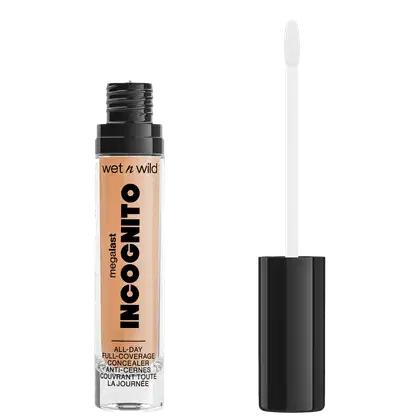 A imagem mostra um corretivo líquido da marca de cosméticos Wet n Wild chamado "Incognito". O produto é descrito como "Cobertura Total o Dia Todo" e apresenta um aplicador em forma de pincel integrado à embalagem.