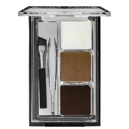 A imagem mostra uma paleta de sombras para os olhos da marca de maquiagem Wet n Wild. É uma embalagem transparente e retangular com tampa. Dentro, há duas sombras prensadas, uma na cor marrom claro e outra marrom escuro, além de um gel transparente.