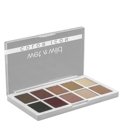 A imagem mostra uma paleta de sombras da marca de maquiagem Wet n Wild. É uma paleta compacta contendo 10 diferentes tons de sombras prensadas, variando de cores neutras como bege, marrom claro e marrom escuro.
