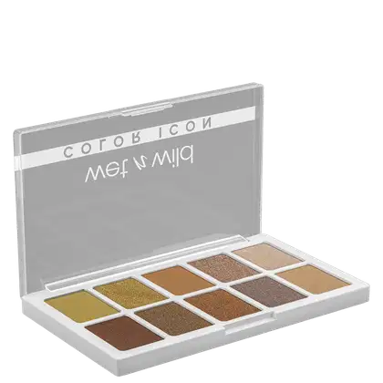 A imagem mostra uma paleta de sombras da marca de maquiagem Wet n Wild. É uma paleta compacta contendo 10 diferentes tons de sombras prensadas, variando de cores como bege, marrom claro, marrom escuro e dourado.