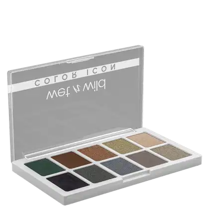 A imagem mostra uma paleta de sombras da marca de maquiagem Wet n Wild. É uma paleta compacta contendo 10 diferentes tons de sombras prensadas, variando de cores neutras como bege, cinza e marrom escuro.
