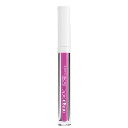 Gloss labial líquido rosa em embalagem transparente com aplicador de espuma. O frasco tem o texto "megaslick" e "brilliant lip gloss" em letras brancas. O aplicador é um bastão branco com uma ponta de espuma na extremidade.