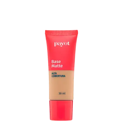 A imagem mostra um um tubo plástico de base da marca Payot. Na metade do tubo ele é transparente para apresentar a cor do produto e o outro restante é vermelho, assim como a tampa. Na embalagem consta marca, acabamento, cobertura e volumetria.