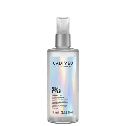 A imagem mostra o Óleo Capilar Cadiveu Professional Final Style Supreme Oil 110ml, uma embalagem prateada fosca com detalhes holográficos e texto na cor preta. Traz as informações: brilho e maciez instantânea, proteção térmica e fórmula leve.